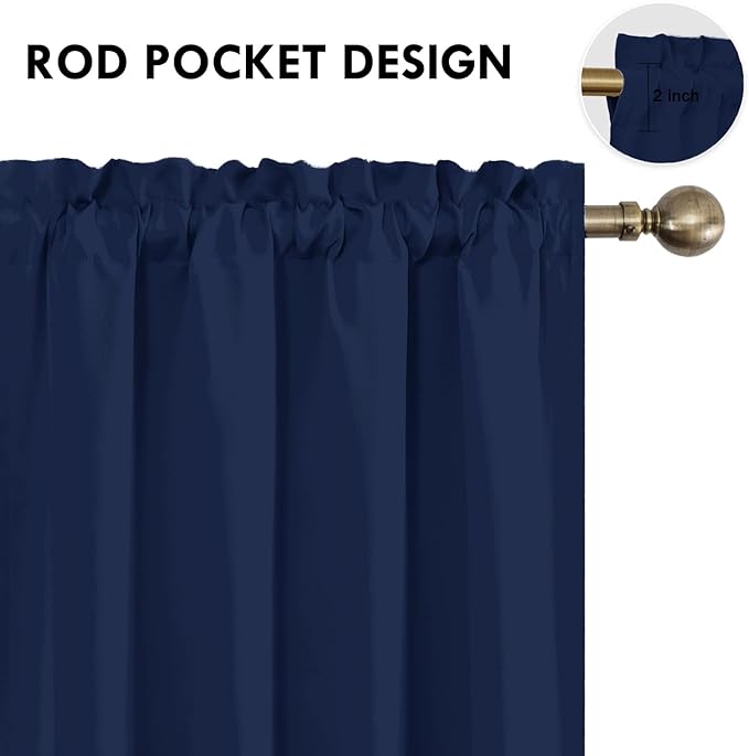 DWCN Short Blackout Curtains for Bedroom 45 Inches Long 2 Panels Set, Solid Thermal Insulated Energy Saving Window Treatment Drapes, Rod Pocket Curtains for Kids Boys Room (W52 x L45 Inch, Navy Blue)