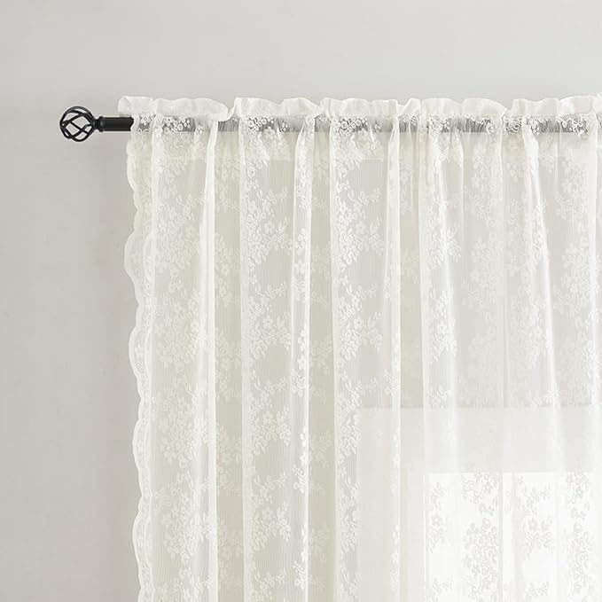 YJ YANJUN Vintage Lace Curtains 72 Inches Long- Antique Flowers Ivory Sheer Curtain Panels for Living Room Bedroom French Door, Light Filtering Drapes, 2 Panels 52W x 72L Cream