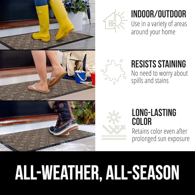 GORILLA GRIP 100% Waterproof All-Season WeatherMAX Doormat, US Designed Natural Rubber, Stain and Fade Resistant, Low Profile Indoor Outdoor Door Mats, Easy Clean Patio Mat, 29x17, Taupe Basket Weave