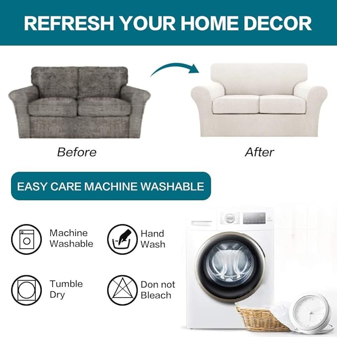 Turquoize 3 Piece Sofa Covers for 2 Cushion Couch Loveseat Slipcover Soft Couch Cover for Dogs-Washable Sofa Furniture Cover with 2 Individual Cushion Covers, Thick Jacquard Fabric (Loveseat, Ivory)