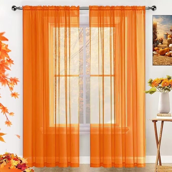 SpaceDresser Basic Rod Pocket Sheer Voile Window Curtain Panels Orange 2 Panels 52 Width 54 Inch Long for Kitchen Bedroom Children Living Room Yard(Orange,52 W x 54 L)