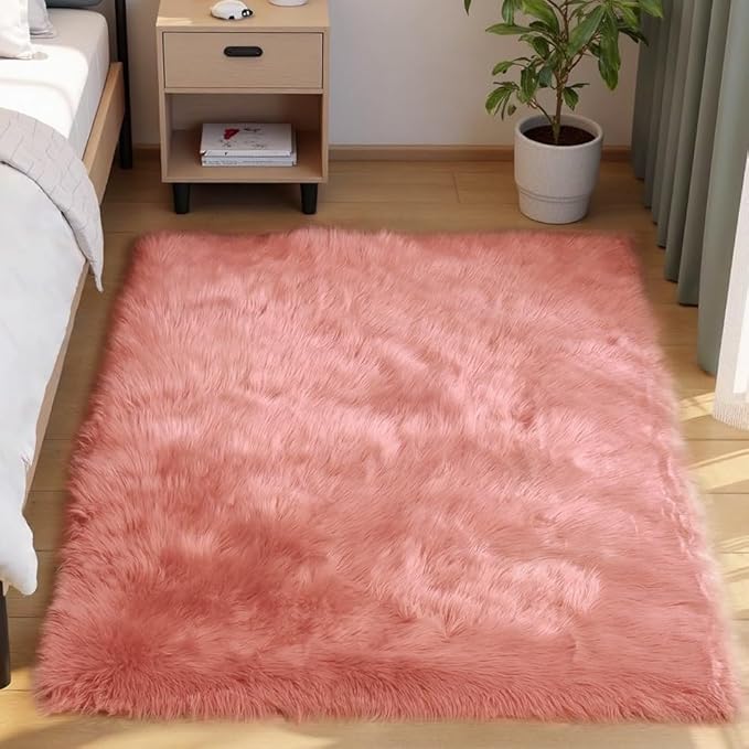 Goolela Pink Fluffy Rug 4x6 Fuzzy Faux Fur Shag Sheepskin Shaggy Rug for Bedroom Living Room Washable Rectangle