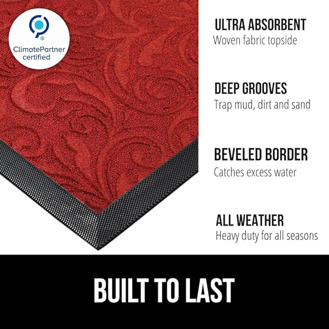 GORILLA GRIP 100% Waterproof All-Season WeatherMAX Doormat US Designed Natural Rubber, Stain and Fade Resistant, Low Profile Indoor Outdoor Door Mats, Easy Clean Patio Mat, 29x17, Red Vintage Wine