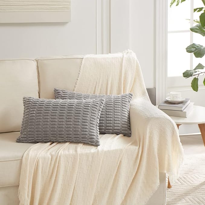 Fancy Homi 4 Packs Grey Decorative Throw Pillow Covers 14x24 Inch for Living Room Couch Bed, Rustic Modern Farmhouse Boho Home Decor, Soft Plush Corduroy Gray Cute Square Accent Cushion Case 35x60 cm