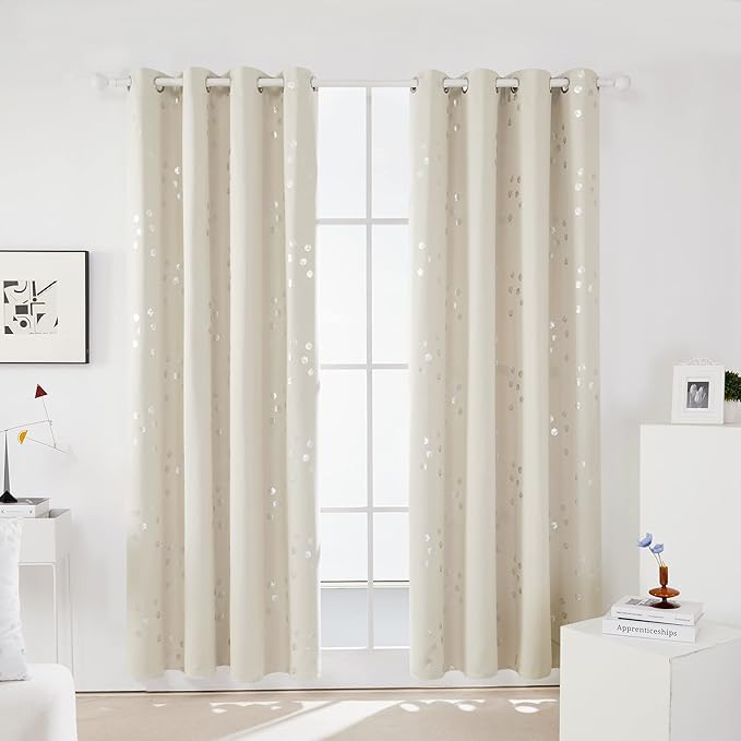 Deconovo Designer Series Silver Cubic Print Room Darkening Curtains for Living Room Bedroom Sliding Glass Door, Light Beige, 52W x 95L Inches Long, 2 Panels