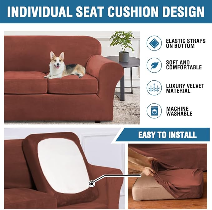 H.VERSAILTEX Real Velvet Plush 3 Piece Stretch Sofa Covers Couch Covers for 2 Cushion Couch Loveseat Covers (Base Cover Plus 2 Individual Cushion Covers) Thick Stay in Place (Medium Sofa, Rust)