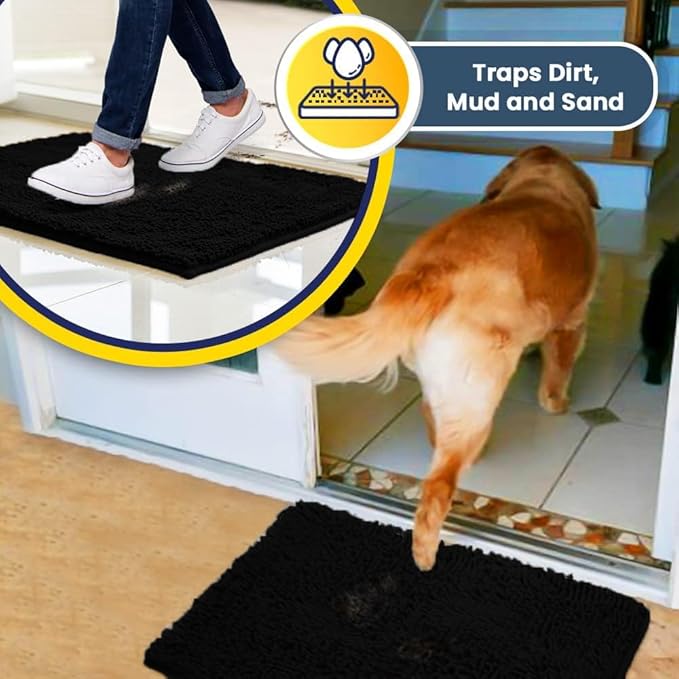 Muddy Mat® | Super Absorbent Door Mat Indoor, Microfiber Quick Dry Chenille Entryway Rug, Non-Slip Front Door Mat, Indoor Mats for Entryway, Machine Washable Pet Rug, Black 28"x18"