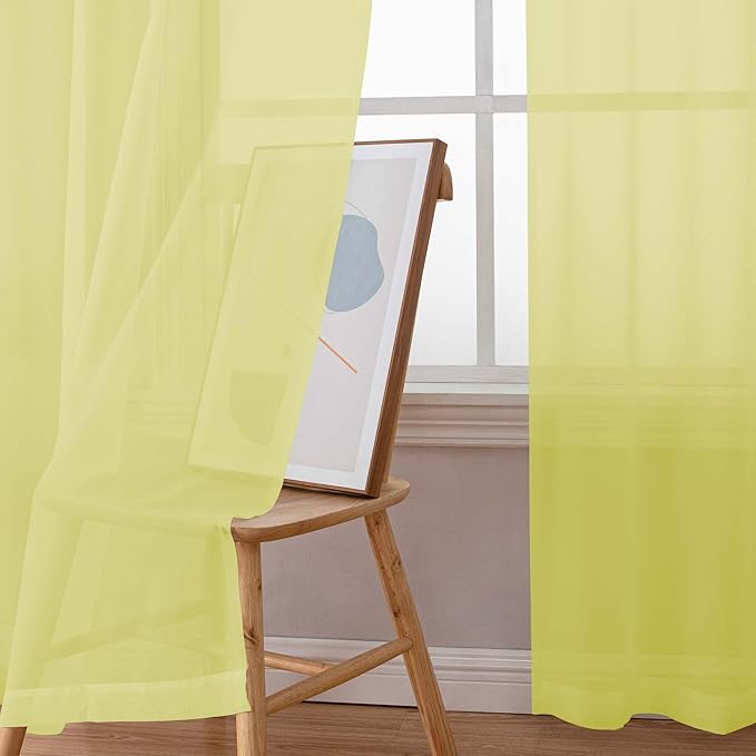 Simplebrand Rod Pocket Top Solid Voile Sheer Curtains for Bedroom, 54 Inch Length Drapes Set of 2, Lightweight and Light Filtering Elegant Lemon Curtains Panels Window Treatment, 42W×54L, Lemon