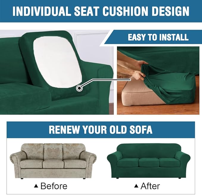 H.VERSAILTEX Modern Velvet Plush 4 Piece High Stretch Sofa Slipcover Sofa Cover Furniture Protector Form Fit Thick Velvet Sofa Cover for 3 Cushion Couch Width Up to 90 Inch (Sofa,Vintage Green)