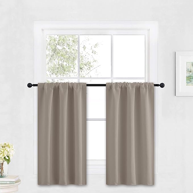 RYB HOME Blackout Cafe Curtains 30 inch Length, Short Light UV Heat Blocking Energy Saving Privacy Curtain Tiers for Basement Bathroom Kitchen Window, Width 29 by Length 30, Sand, 2 Panels