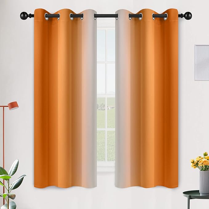 SimpleHome Ombre Room Darkening Curtains for Living Room, Light Blocking Gradient Orange to Greyish White Thermal Insulated Grommet Window Curtains Drapes for Bedroom, 2 Panels, 42x63 inches Length