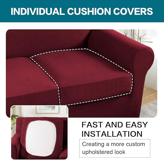 Turquoize 3 Piece Sofa Covers for 2 Cushion Couch Sofa Slipcover Soft Couch Cover for Dogs-Washable Sofa Furniture Covers with 2 Individual Cushion Covers, Thick Jacquard Fabric (Loveseat, Burgundy)