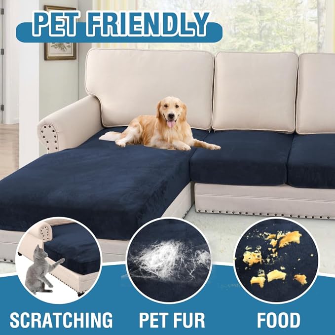 H.VERSAILTEX Velvet Stretch Sectional Couch Covers 3 Pieces Sofa Seat Cushion Covers L Shape Separate Cushion Couch Chaise Cover for Both Left/Right Couch (Large Sofa 2 Seater + 1 Chaise, Navy)