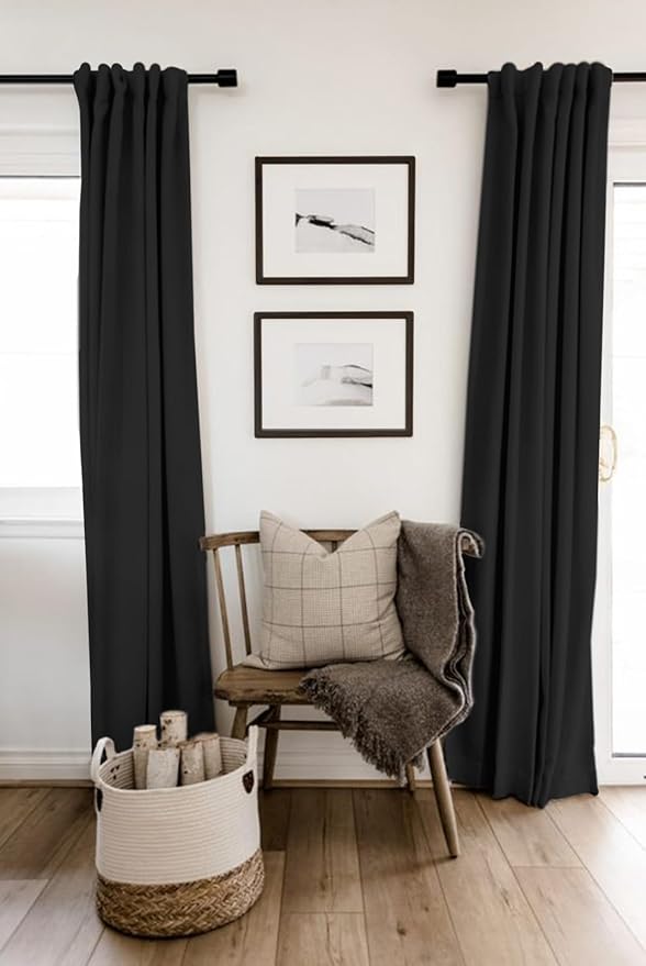 100% Blackout Shield Linen Blackout Curtains for Bedroom 72 Inches Long, Back Tab/Rod Pocket Living Room Drapes, Thermal Insulated Blackout Curtains 2 Panels Set, 50" W x 72" L, Black