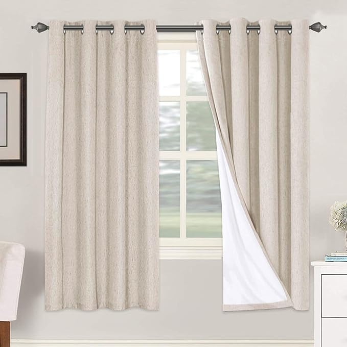 H.VERSAILTEX 72 inch Blackout Curtains, 100% Absolutely Blackout Thermal Insulated Textured Linen Look Curtain Draperies Anti-Rust Grommet Linen Curtains Blackout, 2 Panels, Natural