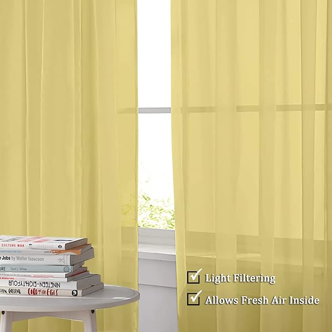 OWENIE Sheer Curtains 84 Inches Long 2 Panels Set, Gold Sheer Curtain for Living Room, Rod Pocket Voile Fimly Sheer Drapes for Bedroom, 2pcs, Each 42" W x 84" L