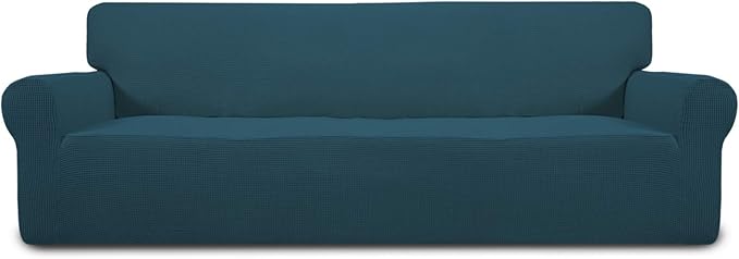 Easy-Going Stretch 4 Seater Sofa Slipcover 1-Piece Sofa Cover Furniture Protector Couch Soft with Elastic Bottom for Kids, Polyester Spandex Jacquard Fabric Small Checks Deep Teal