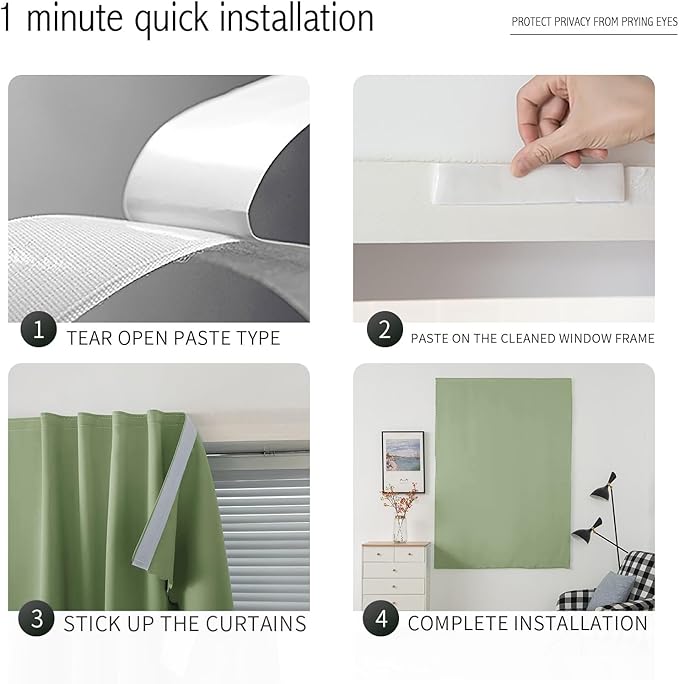 Magic Tape Blackout Curtains for Bedroom No Drillng Self Adhesive Curtains No Rod Small Window, 59" W X 84" L, Sage Green, 1 Panel
