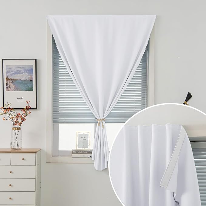 Self Adhesive Curtains Portable Blackout Curtain Simple and Easy to Install Bedroom Window Thermal Lnsulated Kitchen Room Darkening Black Small Drapes, 59" W X 96" L, White, 1 Panel