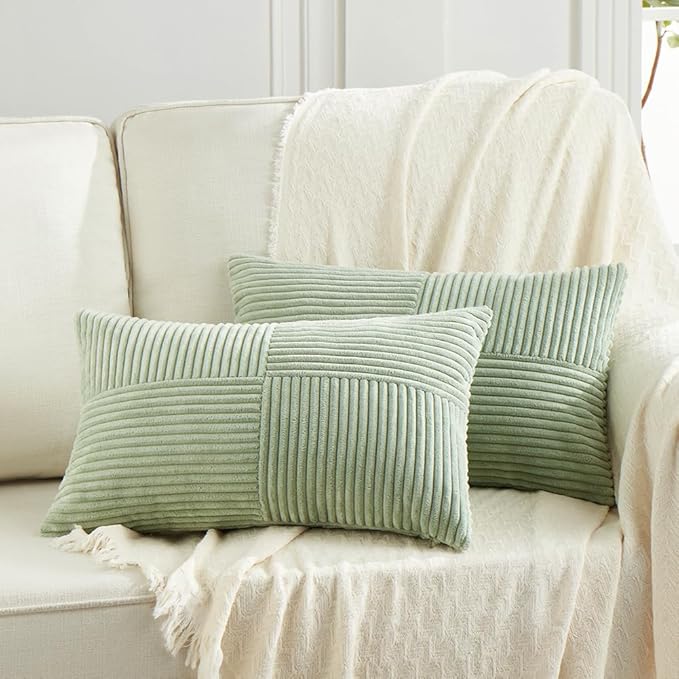 Fancy Homi 2 Packs Sage Green Lumbar Decorative Throw Pillow Covers 16x28 Inch for Living Room Couch Bed, Rustic Farmhouse Boho Home Decor, Soft Striped Corduroy Rectangle Accent Cushion Case 40x70 cm