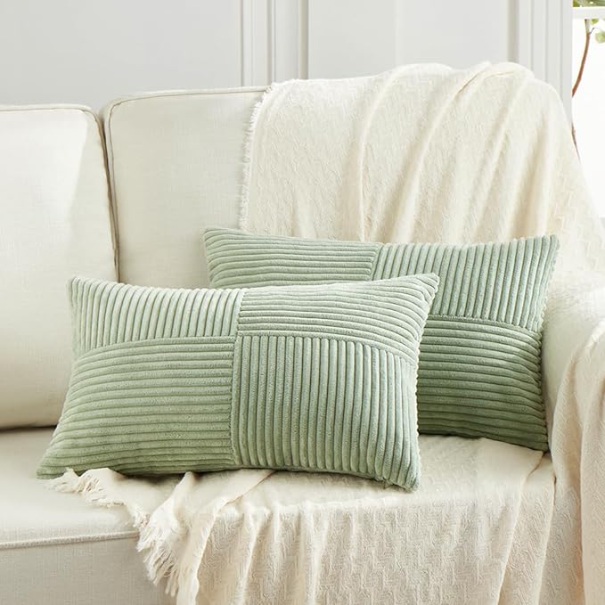 Fancy Homi 2 Packs Sage Green Lumbar Decorative Throw Pillow Covers 16x26 Inch for Living Room Couch Bed, Rustic Farmhouse Boho Home Decor, Soft Striped Corduroy Rectangle Accent Cushion Case 65x40 cm