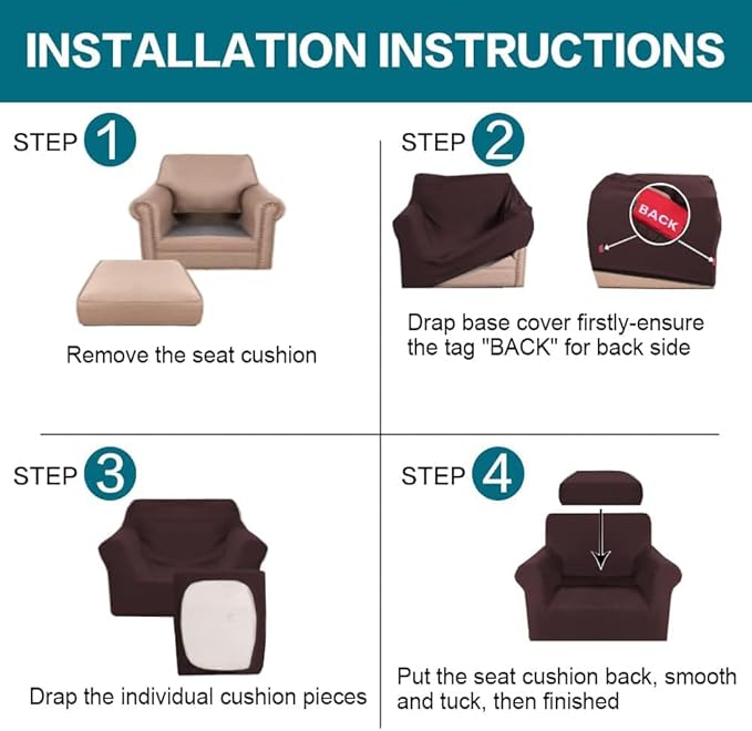 Turquoize 2 Piece Chair Covers Chair Slipcovers for Living Room Armchair Couch Cover Chair Sofa Cover with Individual Cushion Covers Furniture Cover for Chairs Feature Jacquard Fabric (Chair, Brown)