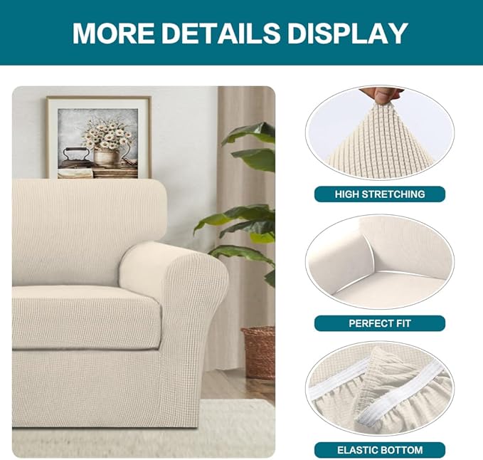 Turquoize 2 Piece Chair Covers for Living Room Armchair Couch Cover with Individual Cushion Covers Furniture Cover for Chairs (Chair,BiscottiBeige)