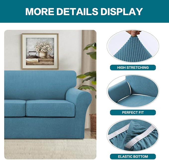 Turquoize 4 Piece Sofa Covers for 3 Cushion Couch Sofa Slipcover Soft Couch Cover for Dogs-Washable Sofa Furniture Covers with 3 Individual Large Cushion Covers, Feature Fabric (XL Sofa, Storm Blue)