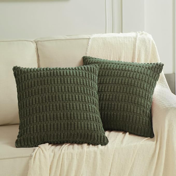 Fancy Homi 4 Packs Boho Olive Green Decorative Throw Pillow Covers 16x16 Inch for Couch Bed Sofa, Rustic Modern Farmhouse Home Decor, Soft Plush Corduroy Cute Square Cushion Case 40x40 cm