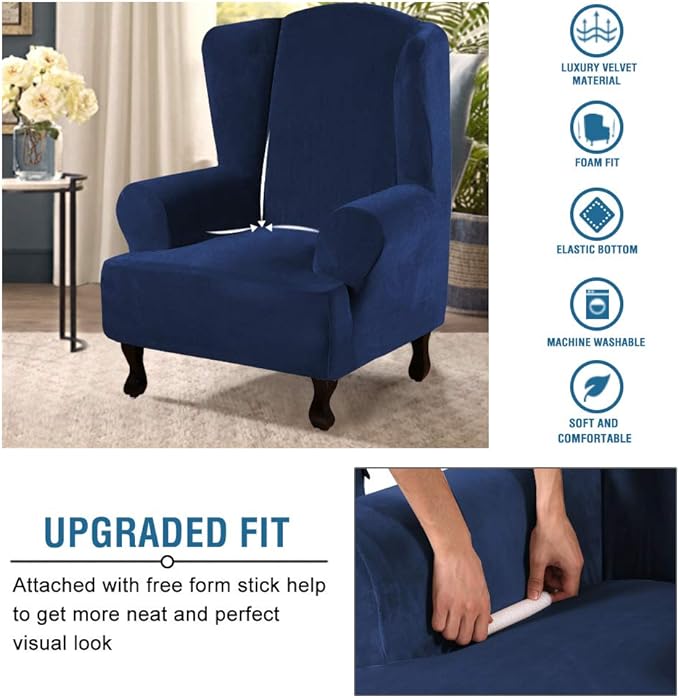 H.VERSAILTEX Wingback Chair Covers Velvet Plush Wing Chair Slipcover 1 Piece High Stretch Wing Back Chair Slipcovers Sofa Cover Furniture Cover with Elastic Bottom, Navy