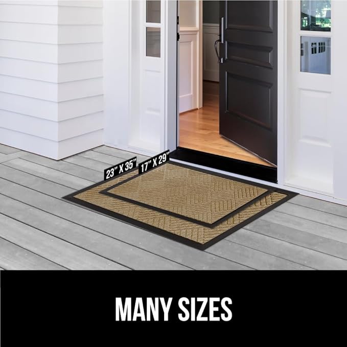GORILLA GRIP 100% Waterproof All-Season WeatherMAX Doormat US Designed Natural Rubber, Stain and Fade Resistant, Low Profile Indoor Outdoor Door Mats, Easy Clean Patio Mat, 29x17, Beige Diamond