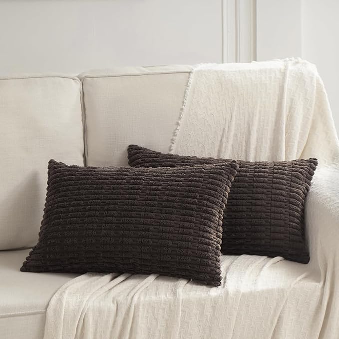 Fancy Homi 4 Packs Boho Dark Brown Decorative Throw Pillow Covers 14x24 Inch for Living Room Couch Bed Sofa, Rustic Modern Farmhouse Home Decor, Soft Plush Corduroy Cute Square Cushion Case 35x60 cm