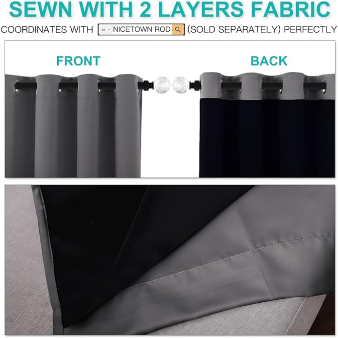 NICETOWN Total Shade Curtains and Draperies, Heavy-Duty Full Light Shading Drapes with Black Liner Backing for Villa/Hall/Dorm Window（Gray, Package of 2 Panels, 62 inches Wide x 95 inches Long