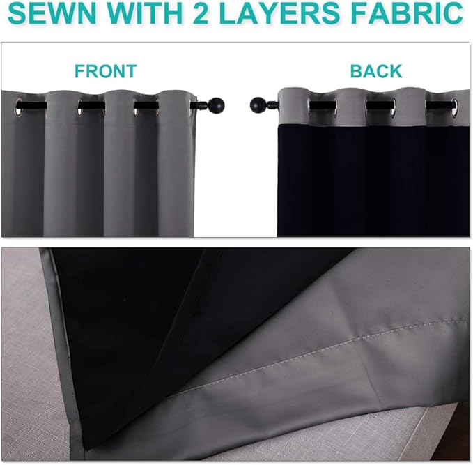 NICETOWN 100% Blackout Curtains with Black Liners, Solid Thermal Insulated Full Blackout 2-Layer Lined Drapes, Energy Efficiency Window Draperies for Bedroom (2 Panels, 46" W by 54" L, Grey)