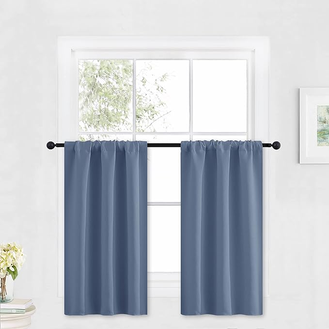 RYB HOME Kitchen Blackout Curtains Over Sink 36 inch Length, Rod Pocket Summer Light UV Blocking Energy Efficient, Cabinet Shelf Cupboard Coverings, Width 29 by Length 36, Stone Blue, 2 Panels