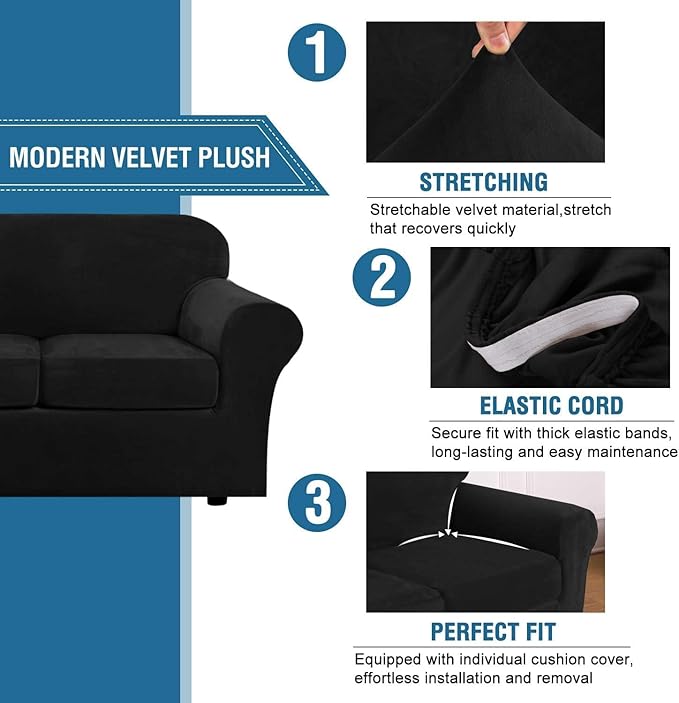 H.VERSAILTEX High Stretch Sofa Slipcover 4 Piece Cover Velvet Furniture Protector Form Fit Thick Velvet Extra Large Sofa Cover for 3 Cushion Couch Width Up to 97 Inch (Large Sofa, Jet Black)