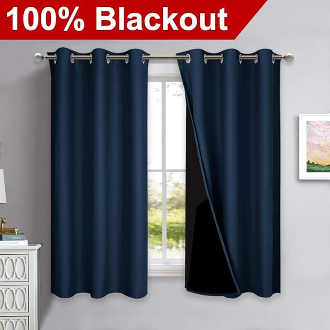 NICETOWN 100% Blackout Curtain Panels, Thermal Insulated Black Liner Curtains for Nursery Room, Noise Reducing and Cold Blocking Drapes for Windows (Set of 2, Navy Blue, 42" Wide by 63" Long)