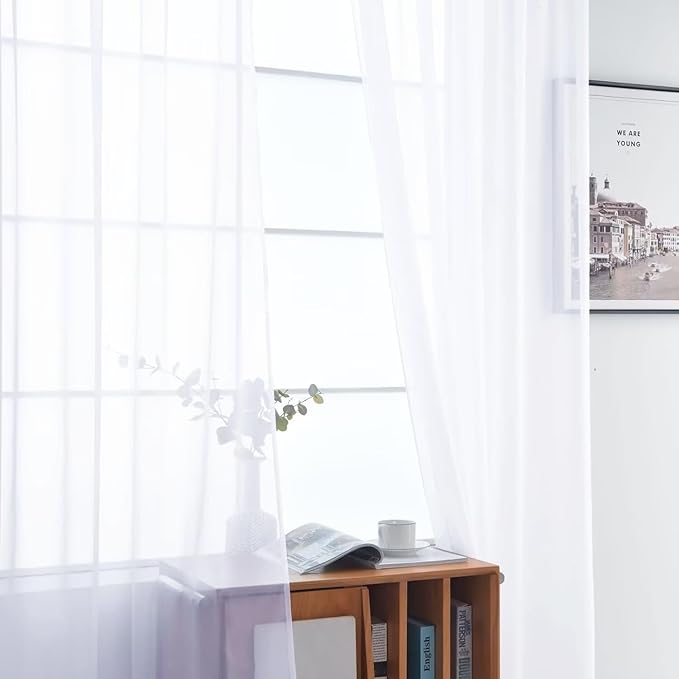 SpaceDresser Optical White Sheer Curtains 4 Panels Rod Pocket Semi-Sheer Curtain 96 Inches Long Light Filtering Voile Window Drapes for Bedroom Living Room Kitchen, Each 52W x 96L