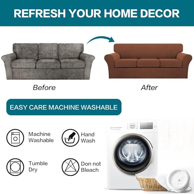 Turquoize 4 Piece Sofa Covers for 3 Cushion Couch Sofa Slipcover Soft Couch Cover for Dogs Washable Furniture Cover with 3 Individual Large Cushion Covers Feature Fabric (Large Sofa, Caramel)