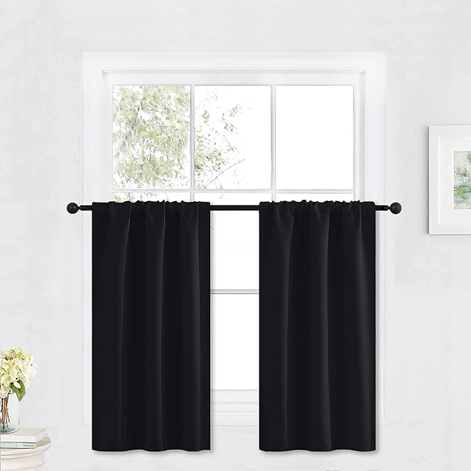 RYB HOME Kitchen Blackout Curtains Over Sink 36 inch Length, Rod Pocket Summer Light UV Blocking Energy Efficient, Cabinet Shelf Cupboard Coverings, Width 29 by Length 36, Black, 2 Panels