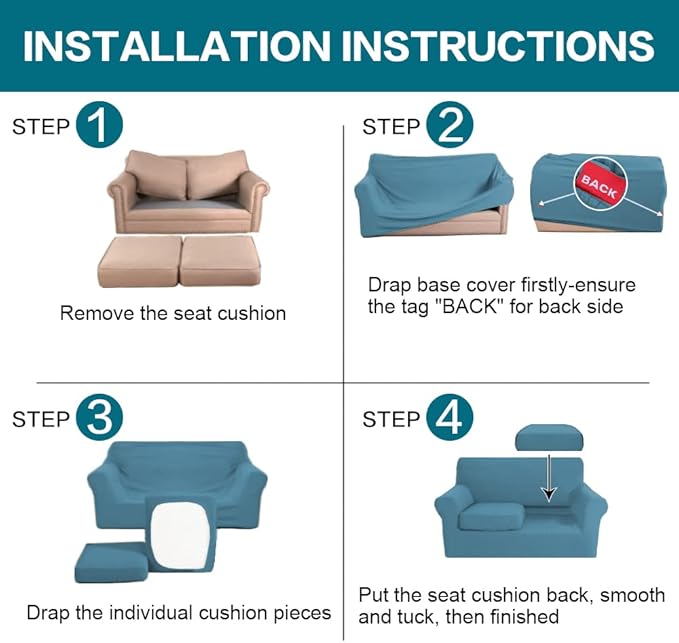 Turquoize 3 Piece Sofa Covers for 2 Cushion Couch Sofa Slipcover Soft Couch Cover for Dogs-Washable Sofa Furniture Covers with 2 Individual Cushion Covers, Thick Jacquard Fabric (Loveseat, Storm Blue)