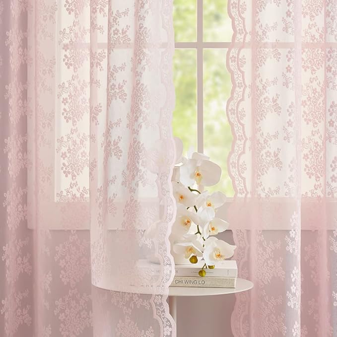 YJ YANJUN Vintage Lace Curtains 63 Inches Length- Cute Sheer Pink Curtains for Girls Bedroom Light Pink Floral Short Window Drapes Princess Girls Room Coquette Decor 2 Panels 52 x63 Inch