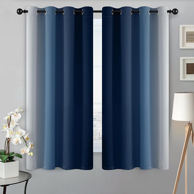SimpleHome Ombre Room Darkening Curtains for Bedroom, Gradient Blue to Grey White Light Blocking Thermal Insulated Grommet Window Curtain/Drapes for Living Room,2 Panels, 52x54 inches Length