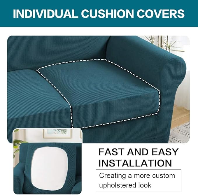 Turquoize 3 Piece Sofa Covers for 2 Cushion Couch Sofa Slipcover Soft Couch Cover for Dogs-Washable Sofa Furniture Covers with 2 Individual Cushion Covers, Feature Fabric (2 Cushion Sofa, Deep Teal)