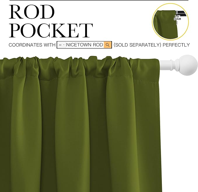 NICETOWN Blackout Draperies and Curtains, Thermal Insulated Window Decoration Blackout Drapes for Kid's Room (Olive Green, 1 Pair, 52 x 63 inches)