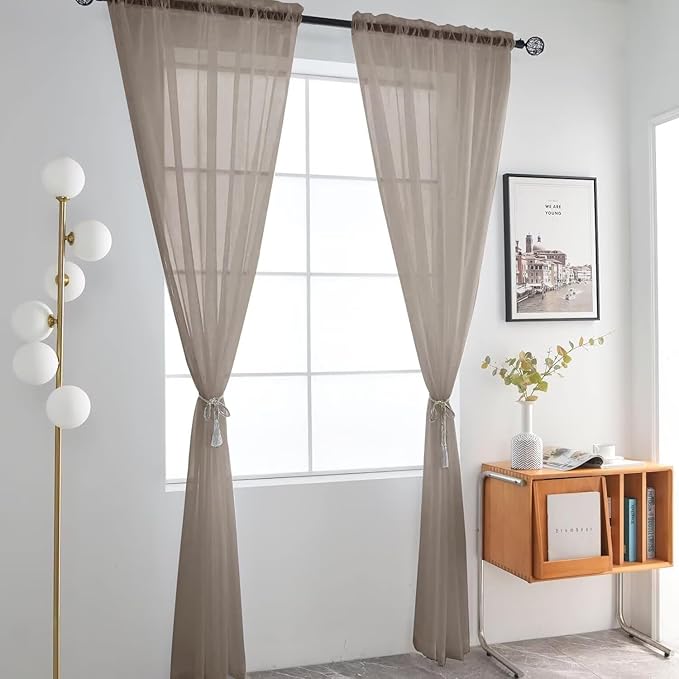 SpaceDresser Basic Rod Pocket Sheer Voile Window Curtain Panels Taupe 1 Pair 2 Panels 52 Width 72 Inch Long for Kitchen Bedroom Children Living Room Yard（Taupe, 52W x 72L）