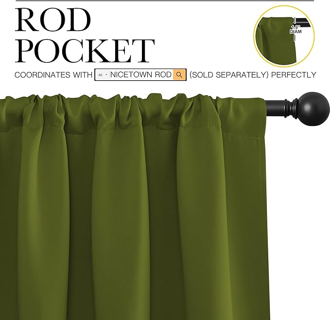 NICETOWN Christmas Decoration Blackout Curtain for Kitchen Window, Function Thermal Insulated Blackout Panels for Bedroom, 1 Pair, Olive Green, Rod Pocket Style, 42 by 84 inches