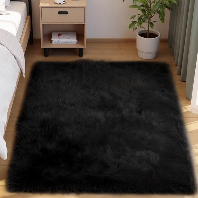 Goolela Black Fluffy Rug 4x6 Fuzzy Furry Shag Rug for Bedroom Living Room Faux Sheepskin Fur Area Carpet Rectangle