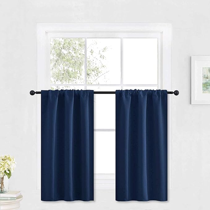 RYB HOME Blackout Cafe Curtains 30 inch Length, Short Light UV Heat Blocking Energy Saving Privacy Curtain Tiers for Basement Bathroom Kitchen Window, Width 29 by Length 30, Navy Blue, 2 Panels