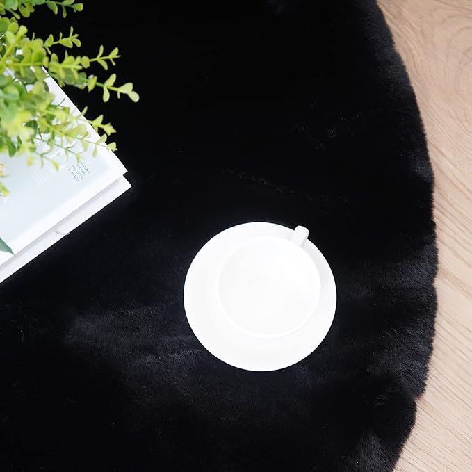Ghouse Faux Rabbit Fur Round Rug 3ft Black Round Rugs for Bedroom Decor Fluffy Area Rugs for Living Room, no-Shedding Carpet Sheepskin Washable Rug Rome Decor